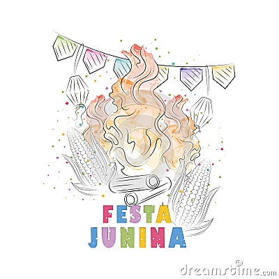 Watercolor campfire sketch and celebration ornaments Festa Junina Poster Vector Vector Illustration