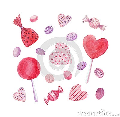 Watercolor candies, sweets, hearts, lollipops Cartoon Illustration