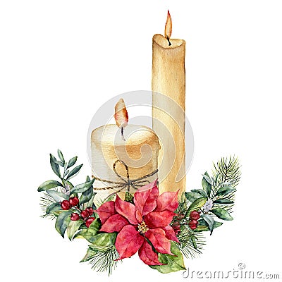 Watercolor candles with Christmas floral composition. Hand painted fir branch, snowberry, pine cone, poinsettia, holly Stock Photo