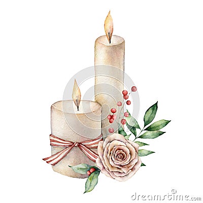 Watercolor candles with Christmas floral composition. Hand painted rose, eucalyptus branch, red berry and striped bow isolated on Stock Photo