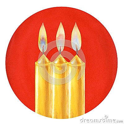 Watercolor candles with flame and light for illustrations for Christmas, Candlemas, wedding, birthday, Easter, magic Cartoon Illustration