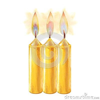 Watercolor candles with flame and light for illustrations for Christmas, Candlemas, wedding, birthday, Easter, magic Cartoon Illustration