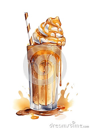 Watercolor caramel milk cocktail. Cartoon Illustration