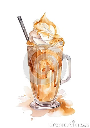 Watercolor caramel milk cocktail. Cartoon Illustration