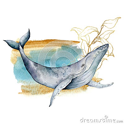 Watercolor card with blue whale and line art laminaria. Hand painted underwater composition isolated on white background Cartoon Illustration