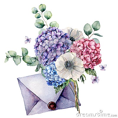 Watercolor card with bouquet and blue envelope. Hand painted hydrangea, anemone flowers with eucalyptus leaves and Cartoon Illustration