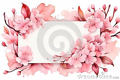 Watercolor card with cherry blossoms. Postcard template. Generative AI Stock Photo