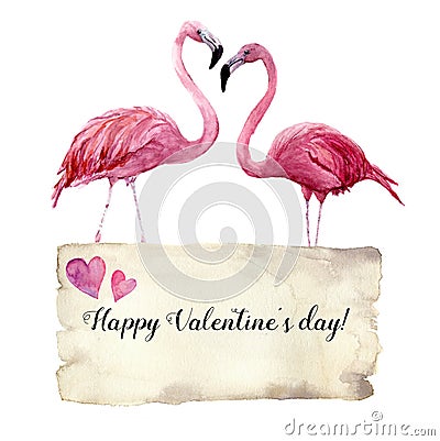 Watercolor card with couple of flamingo and Happy Valentine`s Day inscription. Exotic hand painted bird illustration and Cartoon Illustration