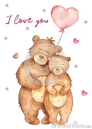 Watercolor card with cute bears in love cuddling Stock Photo