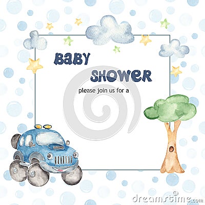 Watercolor card with cute car offroad Baby boy shower Stock Photo