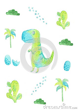 Watercolor card with cute cartoon dinosaurs. Illustration with prehistoric characters, plants Stock Photo
