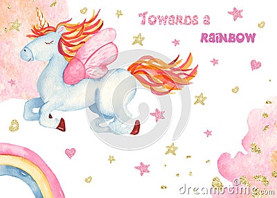 Watercolor card with cute childish cartoon golden unicorn, rainbow. Stock Photo