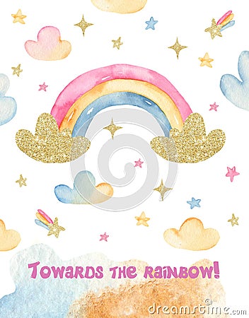 Watercolor card with cute childish cartoon golden unicorn, rainbow. Stock Photo
