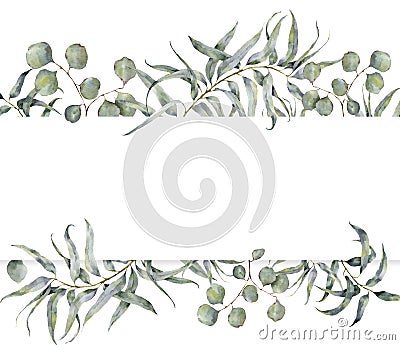 Watercolor card with eucalyptus branch. Hand painted floral frame with round leaves of silver dollar eucalyptus isolated Stock Photo