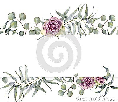 Watercolor card with eucalyptus branch and roses. Hand painted floral frame with round leaves of silver dollar Stock Photo