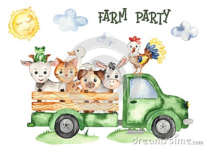 Watercolor card with farm animals donkey, goose, chicken, frog, rooster in a farm truck Stock Photo