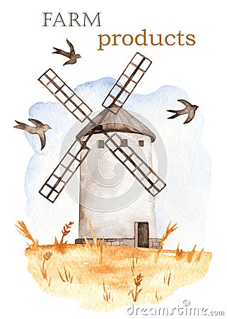 Watercolor card of farm products with a windmill Stock Photo