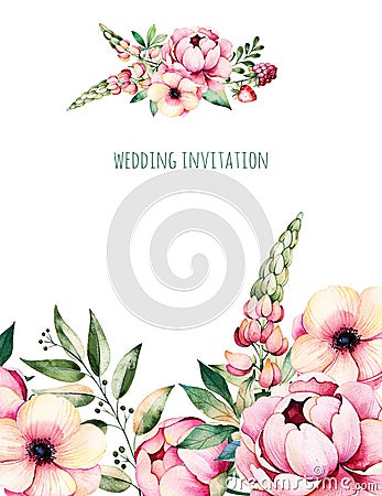 Watercolor card with flower,peonies,leaves,branches,lupin,air plant,strawberry Cartoon Illustration