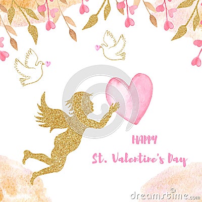 Watercolor card with a golden angel, arrows, hearts, ribbons, doves. Stock Photo