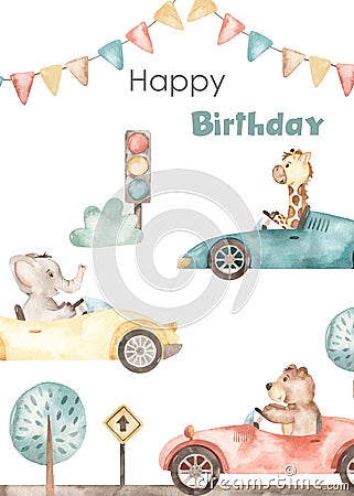 Watercolor card kids happy birthday with racing cars, animals, traffic light Cartoon Illustration