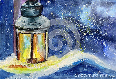 Watercolor card with a lantern in the snow. Stock Photo