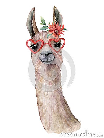 Watercolor card with llama, flower and sunglasses. Hand painted beautiful illustration with animal, red flower and Cartoon Illustration