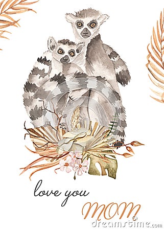 Watercolor card mom and baby lemurs with a bouquet of dried flowers love you mom Stock Photo