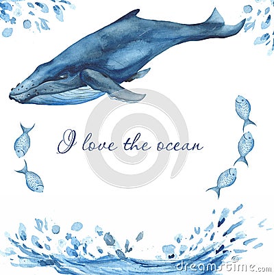 Watercolor card with oceanic mammals. Stock Photo