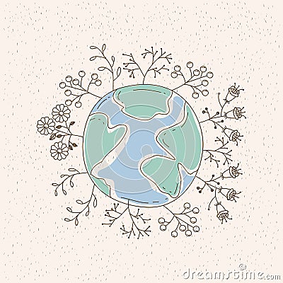Watercolor card of planet earth surrounded by plants and trees Vector Illustration