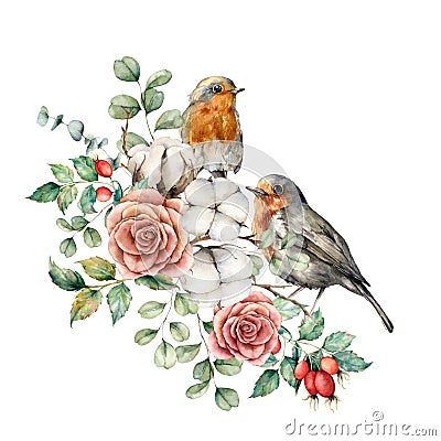 Watercolor card with robin redbreast, cotton, rose, berries and eucalyptus leaves. Hand painted bird and flowers Cartoon Illustration