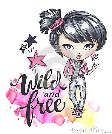 Watercolor card with rocker girl. Calligraphy words Wild and Free. Cartoon Illustration