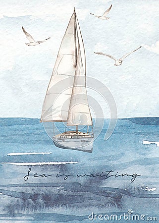 Watercolor card with sailboat, yacht, ship, sea, seascape, seagulls, The sea is waiting Stock Photo
