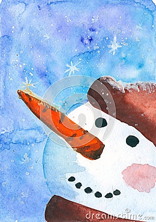 Watercolor card with a snowman. Winter landscape for cards, invitations, greeting cards. Stock Photo