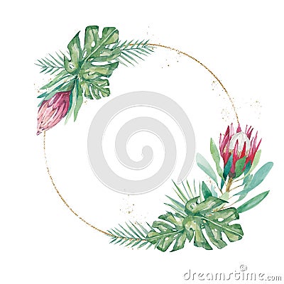 Watercolor card with tropical flower Protea. Botanical illustration for wedding stationary, greeting card, poster, banner Cartoon Illustration