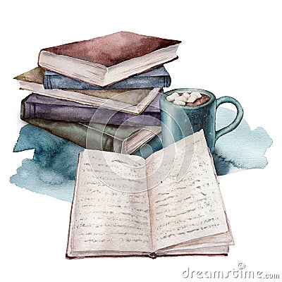 Watercolor card with vintage books and cup of coffee. Hand painted stack of books isolated on white background Stock Photo