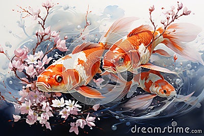 Watercolor Carp Fish and Cherry Blossom Tree Painting in Japanese Style Stock Photo