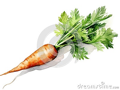 Watercolor Carrot Isolated, Aquarelle Carrots, Creative Watercolor Carrot Root And Leaves Stock Photo