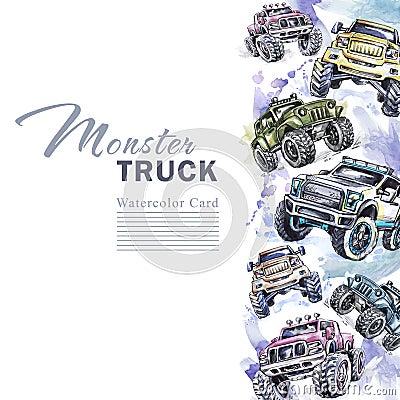 Watercolor cars vertical border. Cartoon Monster Trucks frame. Colorful Extreme Sports background. 4x4. Off Road. Man`s Stock Photo