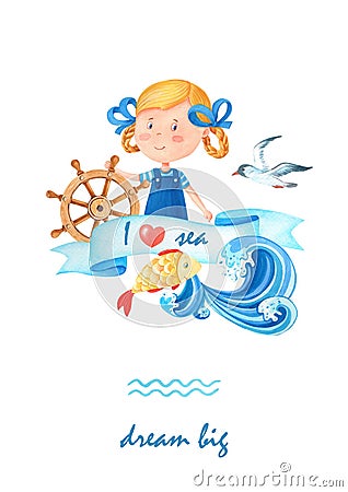 Watercolor cartoon card with cute sailor girl in a sea suit.Little captain at the steering wheel.Watercolour marine Cartoon Illustration