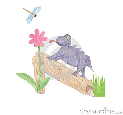 Watercolor cartoon child violet dinosaur, fallen tree, dragonfly and flower watercolor illustration hand painted Cartoon Illustration