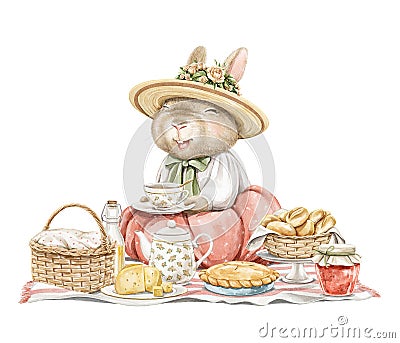 Watercolor cartoon composition with bunny rabbit in vintage outfit on picnic and food Cartoon Illustration