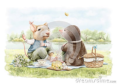 Watercolor cartoon composition with mouse and mole animals on picnic Cartoon Illustration