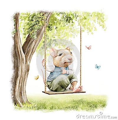 Watercolor cartoon composition with mouse sitting in clothes and rides on swing by tree Cartoon Illustration