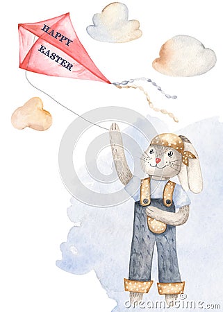 Watercolor cartoon cute easter bunny with a kite. Stock Photo