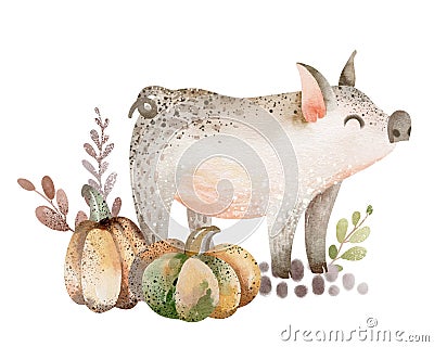 Watercolor cartoon cute piglet. Stock Photo