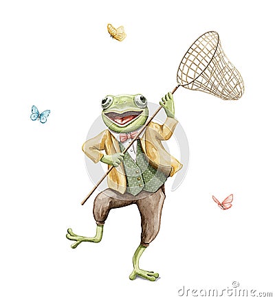 Watercolor cartoon frog toad in vintage outfit catches butterfly with net Cartoon Illustration