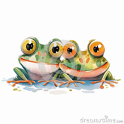Watercolor cartoon illustration of cute couple of funny frogs on a white background. Generative AI Cartoon Illustration