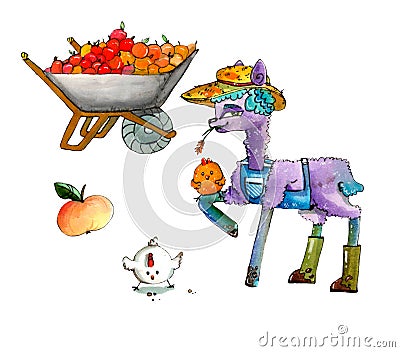 Watercolor cartoon illustration of cute farmer Llama Cartoon Illustration