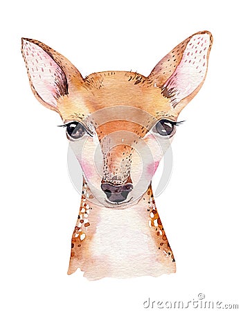 Watercolor cartoon isolated cute baby deer animal with flowers. Forest nursery woodland illustration. Bohemian boho Cartoon Illustration