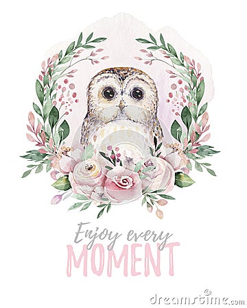 Watercolor cartoon isolated cute baby owl animal with flowers. Forest nursery woodland illustration. Bohemian boho Cartoon Illustration